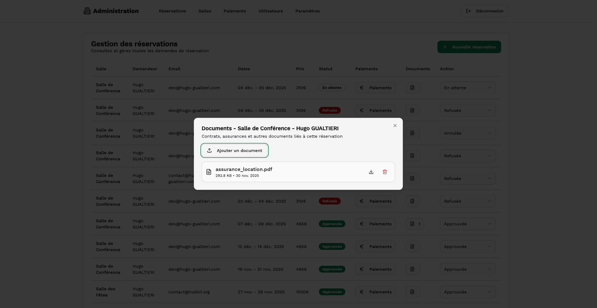 Gestion des réservations de salles avec documents administratifs