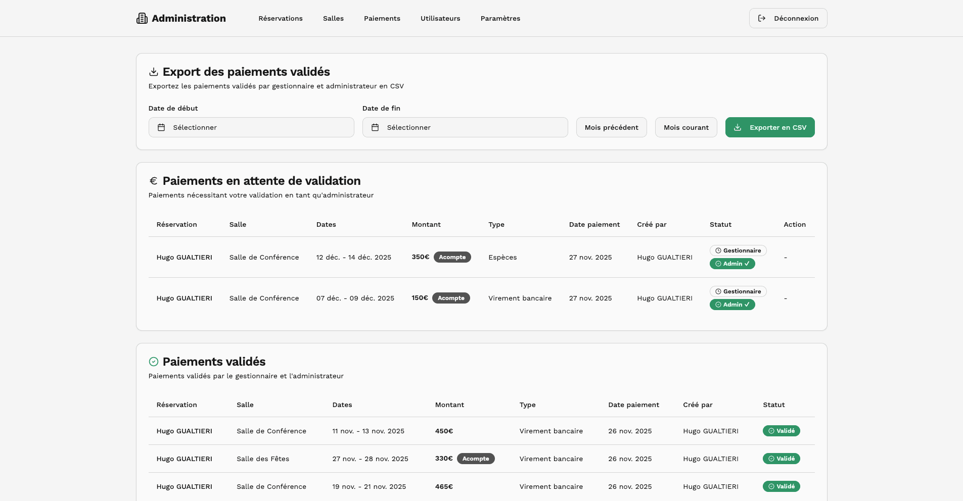 Suivi des paiements et validations pour location de salle