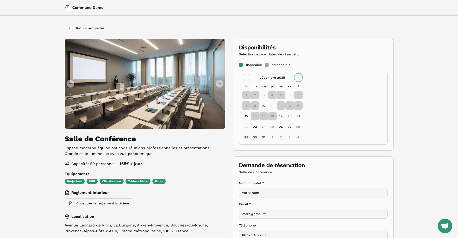 Formulaire de réservation en ligne d'une salle municipale