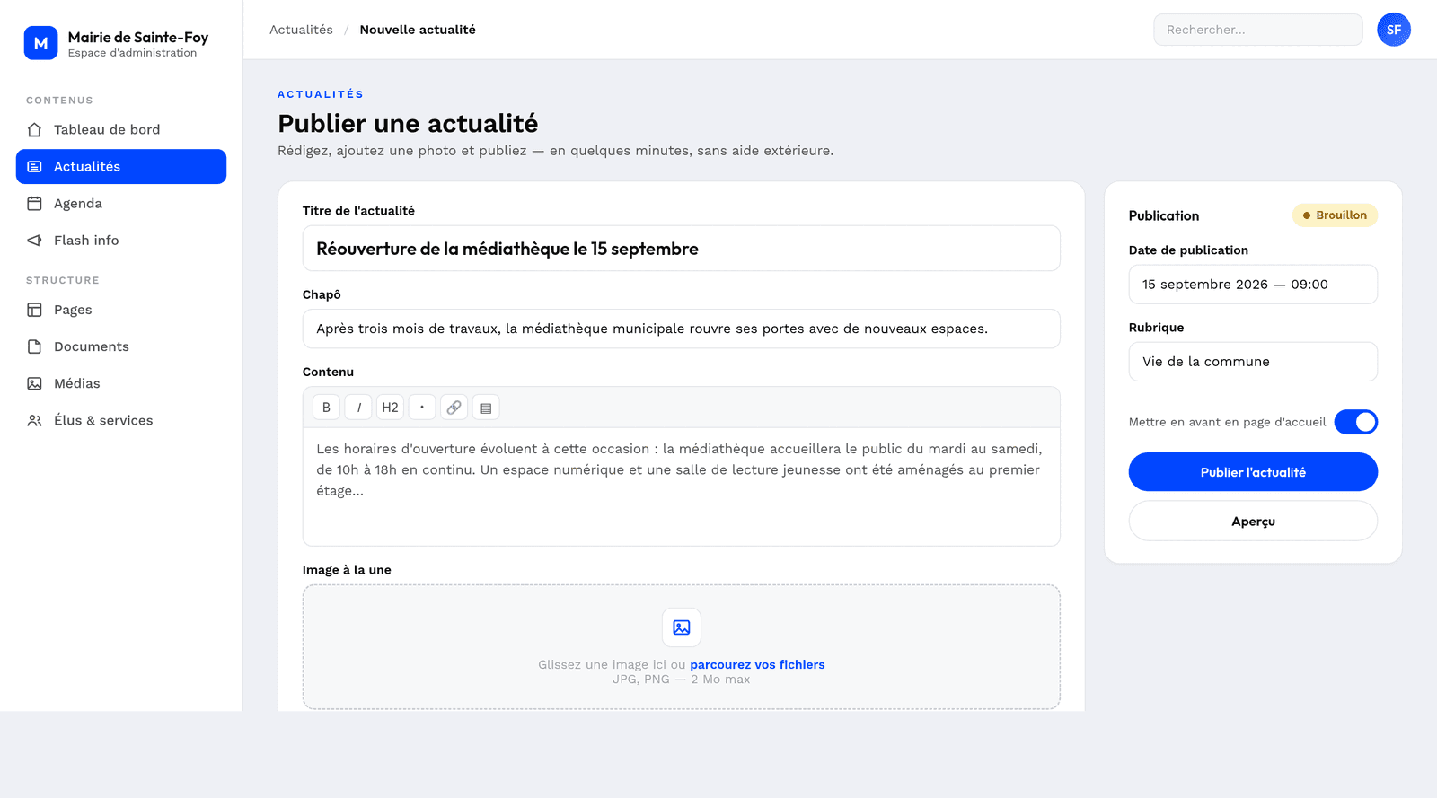 Aperçu de l'espace d'administration : Publier une actualité