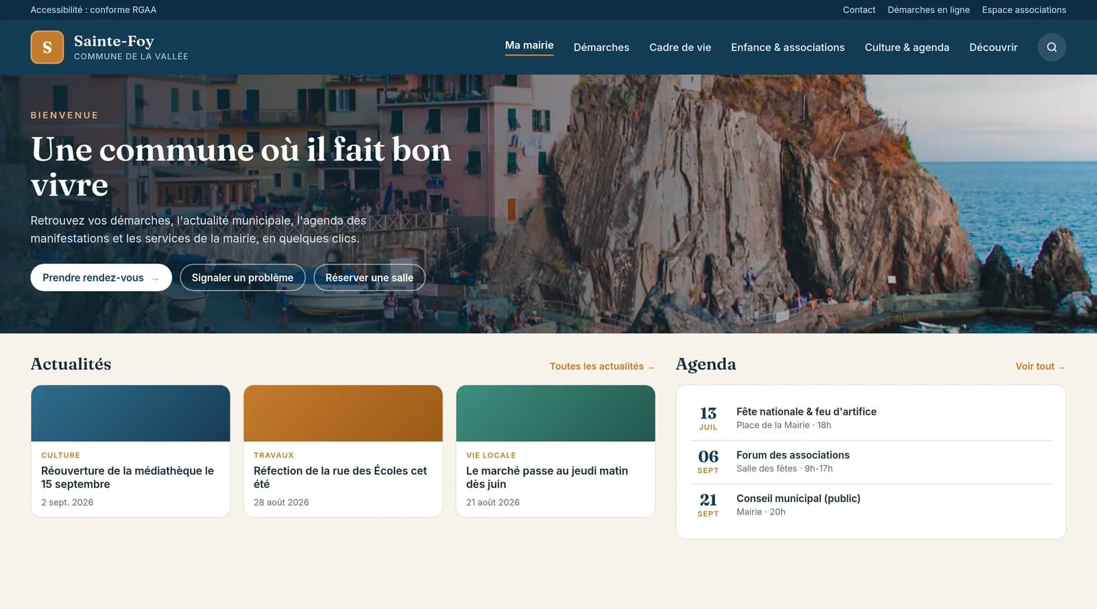 Aperçu d'un site communal type réalisé par Ma Municipalité